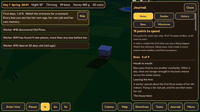 The journal, listing notes about bee behaviour