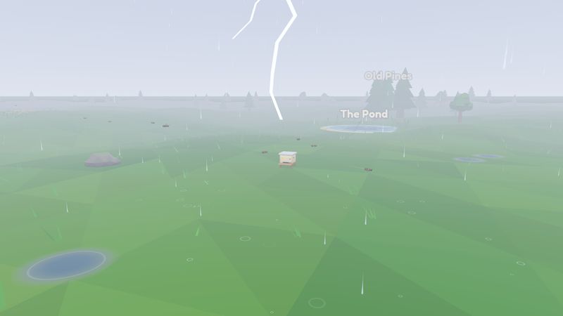 A thunderstorm over the meadow, with rain falling and a fork of lightning