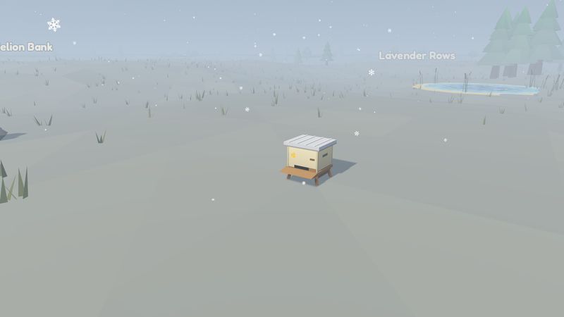 The hive in falling snow